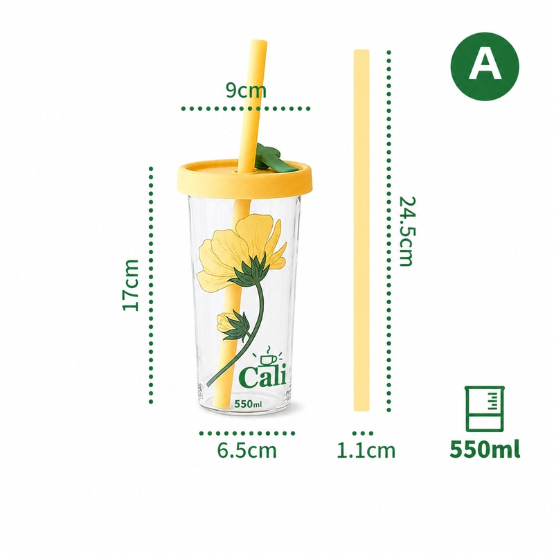 Silicone Straw & High Borosilicate Clear Glass Summer Water Cup