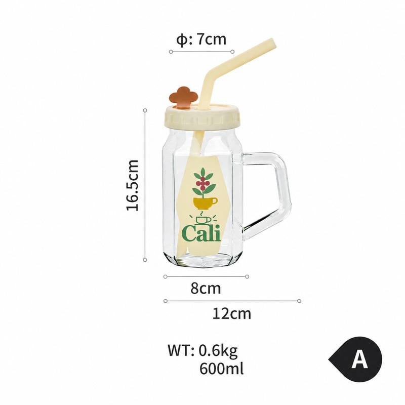 Glass Cup with Lid, Handle & Silicone Straw, Heat Resistant & Thickened