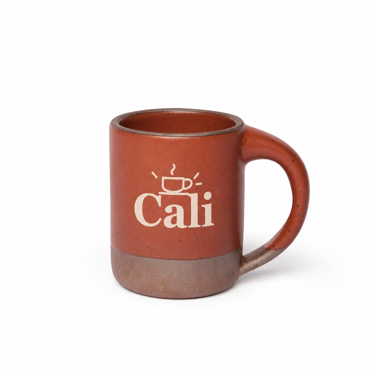 A terracotta ceramic mug with the Cali wordmark