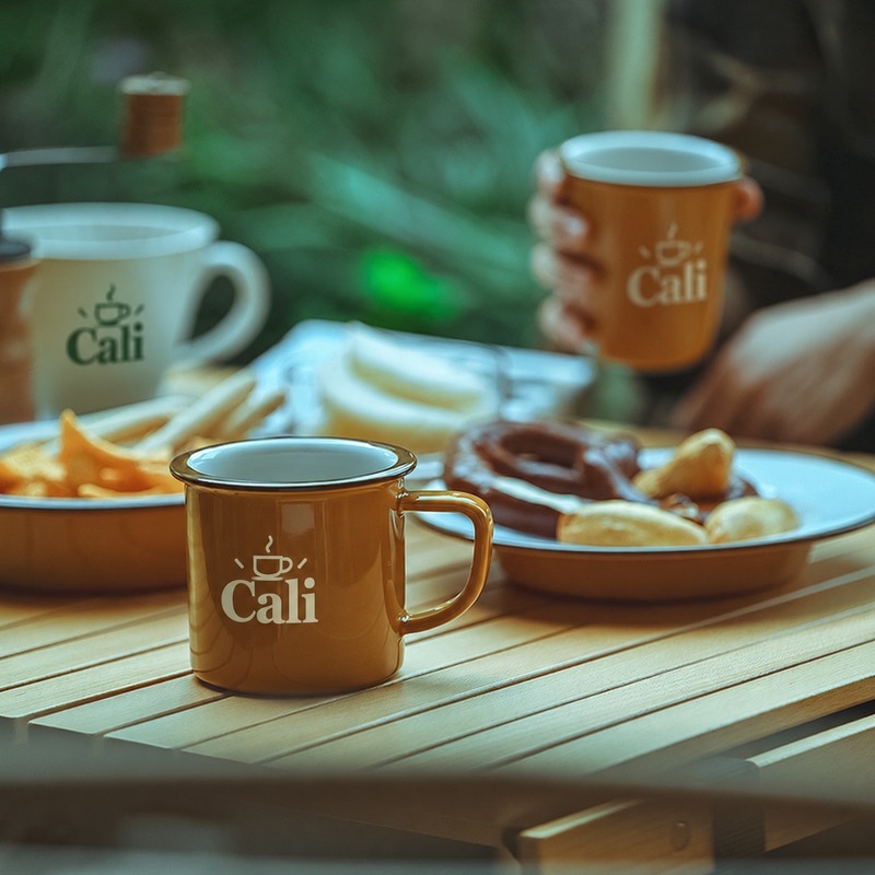 Warm caramel cups on a relaxed breakfast table